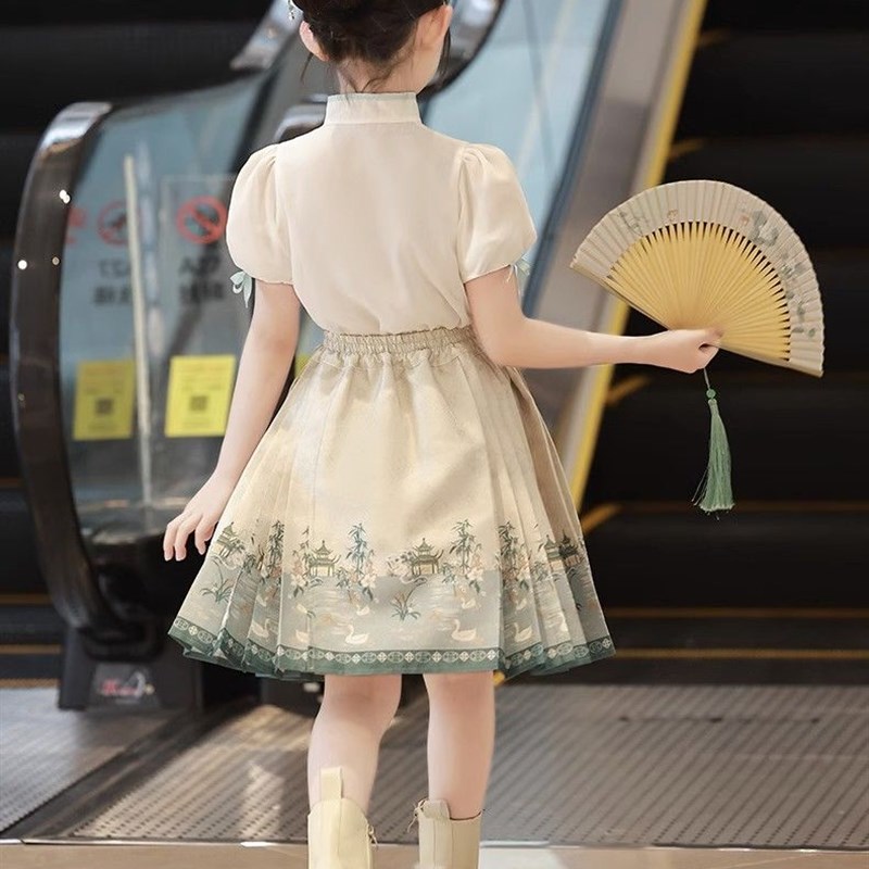 女童马面裙夏季松紧腰新款改良儿童中国古风汉服半身裙女孩表演裙