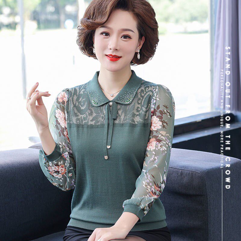 妈妈装春装时尚上衣中老年女装春秋长袖翻领T恤中年薄款小衫夏装
