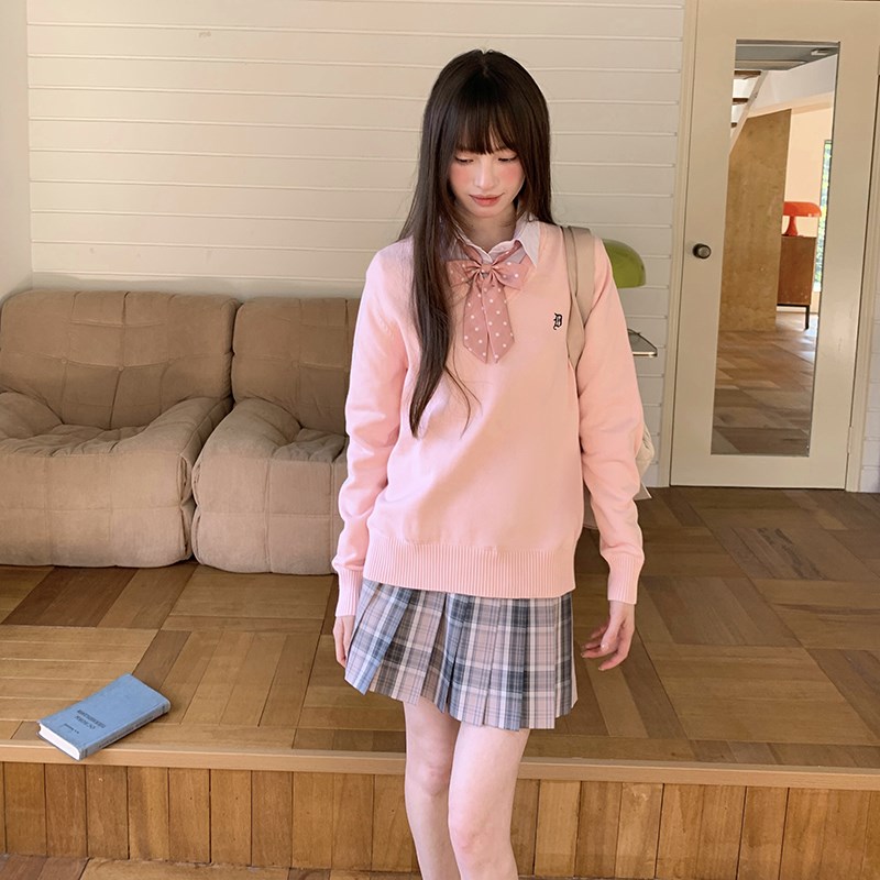 东京岁时记jk外套粉色针织V领套头毛衣女春秋宽松纯棉上衣灰野川
