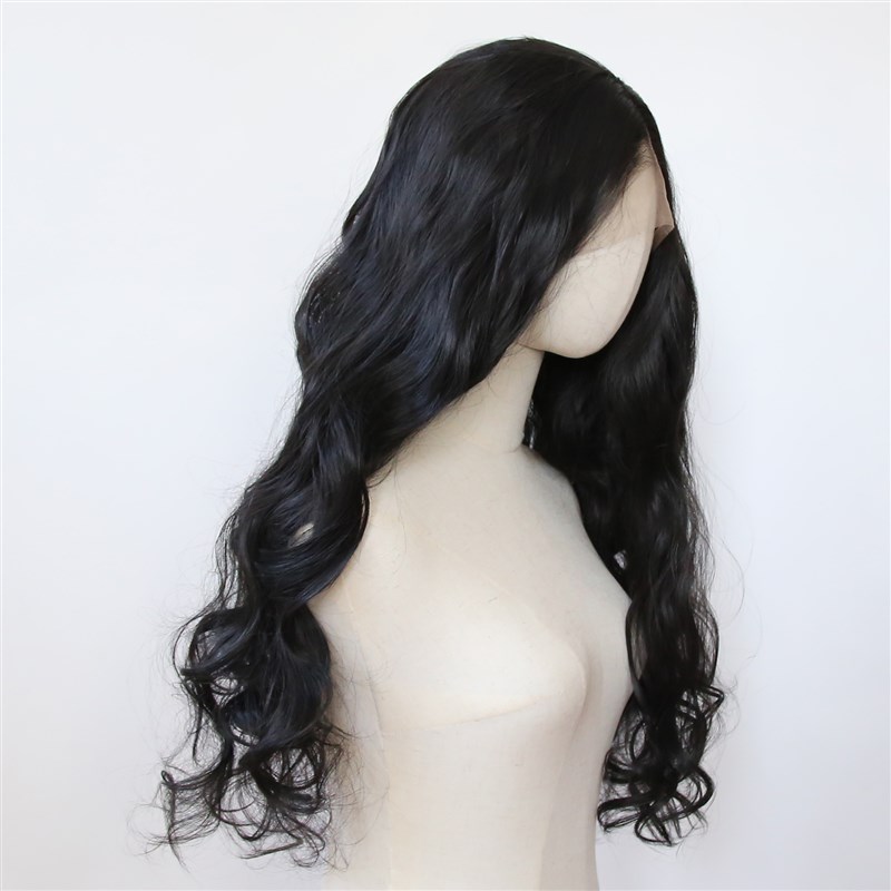 黑色前蕾丝化纤大蕾丝高温丝假发逼真欧美波浪长卷发整顶假发60cm