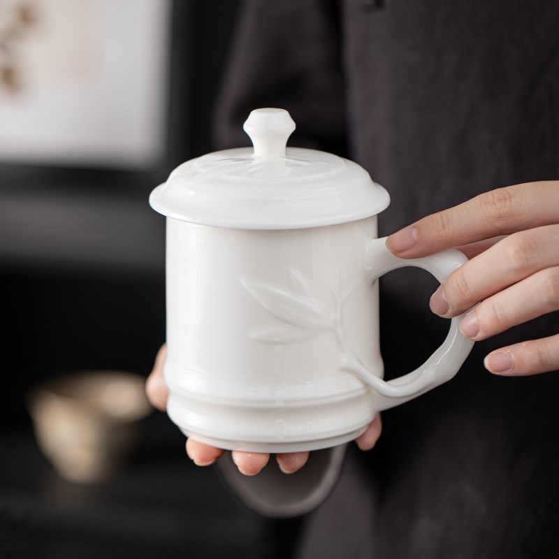 茶杯办公杯会议杯水杯羊脂玉白瓷家用简约带手柄陶瓷带盖礼品定制