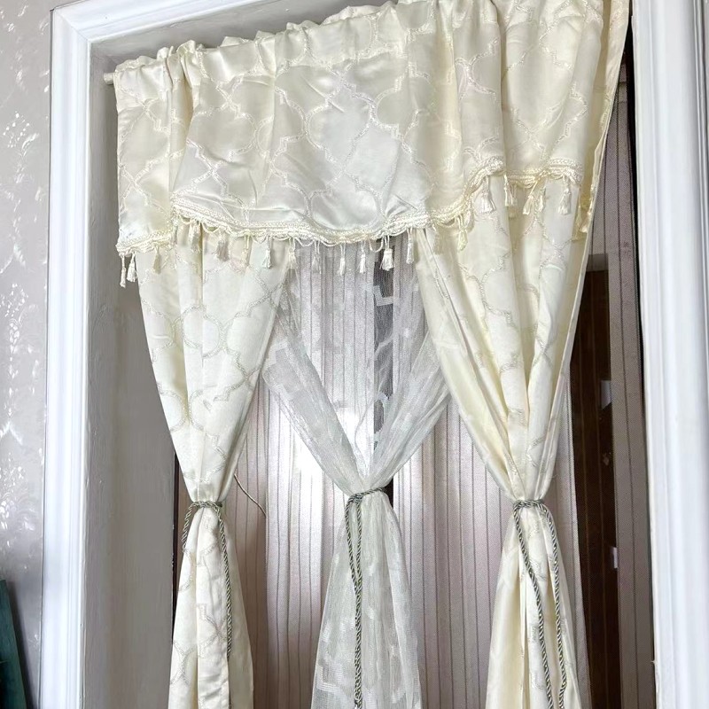 带帘头双层窗帘 欧式米黄色成品窗帘书房美式小窗帘简约厨房门帘