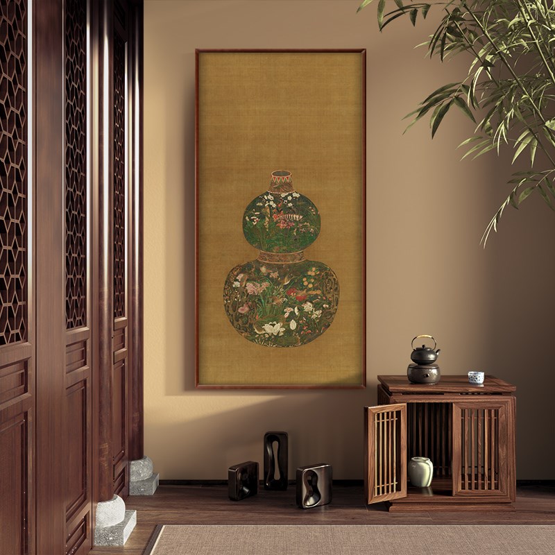 葫芦花瓶图古画中式玄关竖版装饰画客厅茶室挂画民宿复古国画实木