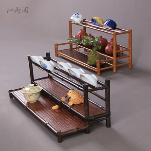 紫砂壶置物展示架竹制三层茶杯架复古双层晾杯托沥水架茶道茶具架