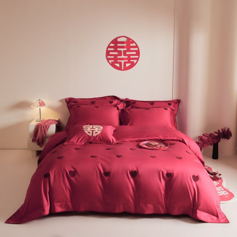 高级感结婚四件套酒红色被套床单纯棉喜被新婚嫁陪嫁婚庆床上用品