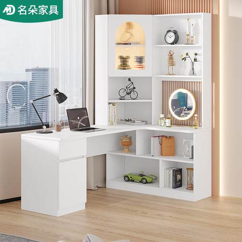 转角电脑桌奶油风书桌书柜一体家用书房置物柜梳妆台小户型5FL43