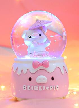 直销新款卡通嘟嘟猪水晶球八音盒创意粉色猪八音盒女生卧室桌面发