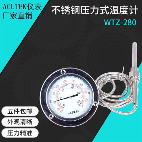 轴向带边 不锈钢耐震压力式温度计WTZ-280-N 100度 3米 螺纹1/2