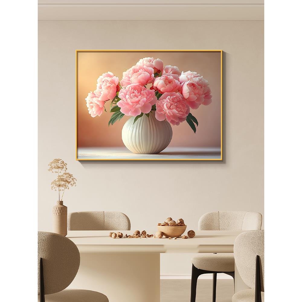 花开富贵餐厅装饰画现代简约高级感客厅玄关挂画大气牡丹图晶瓷画图片