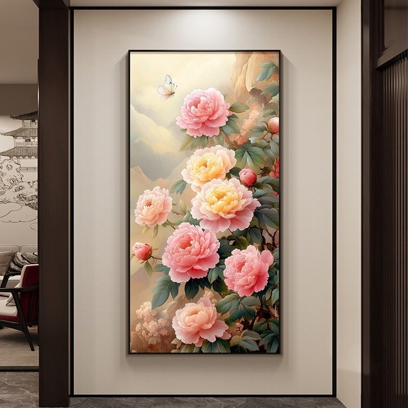 牡丹花挂画新中式入户门玄关装饰画花开富贵竖版走廊客厅过道