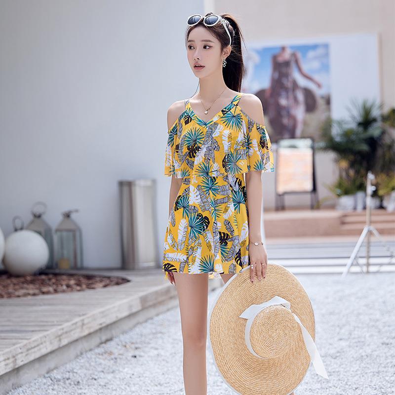 直销新款泳衣女士ins风保守大码温泉连体露肩分体游泳衣女式新款