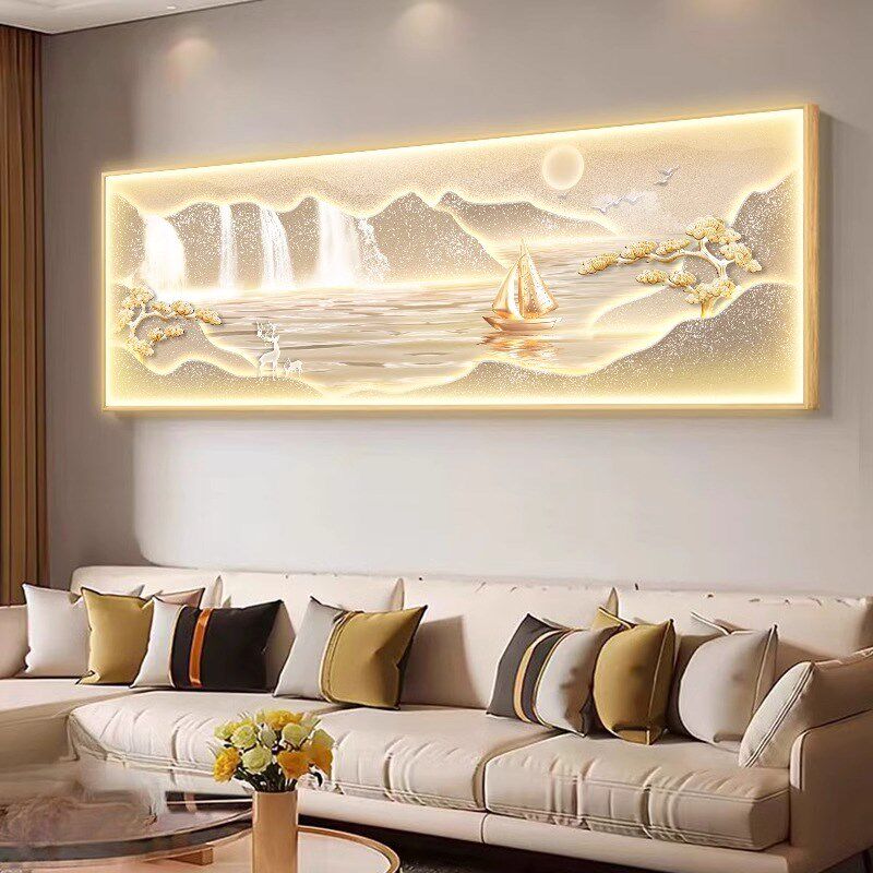 背有靠山客厅装饰画大气led灯沙发背景墙挂画轻奢高级感山水壁画