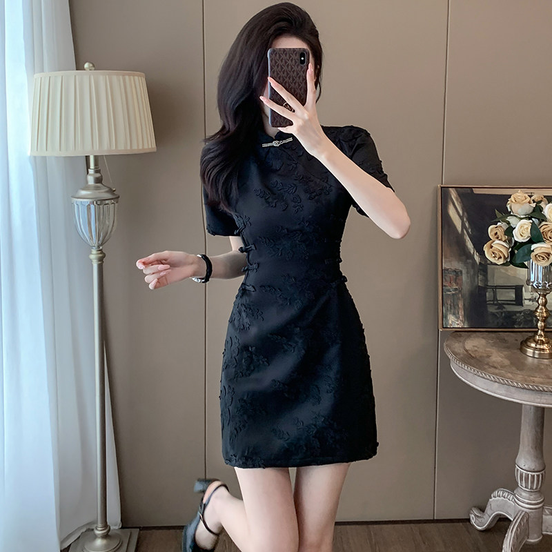黑色国风新中式优雅盘扣修身旗袍裙子女夏天新款小个子显瘦小黑裙