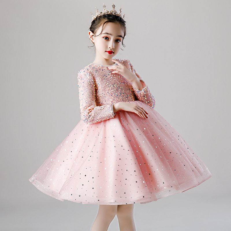 女童礼服红色儿童新年公主裙主持人小花童婚礼高端钢琴演出服冬季