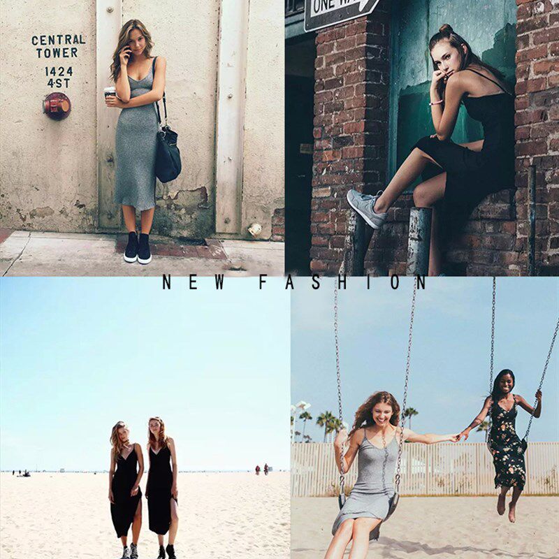 针织吊带打底裙紧身黑色性感V领背心裙内搭中长包臀连衣裙女春秋