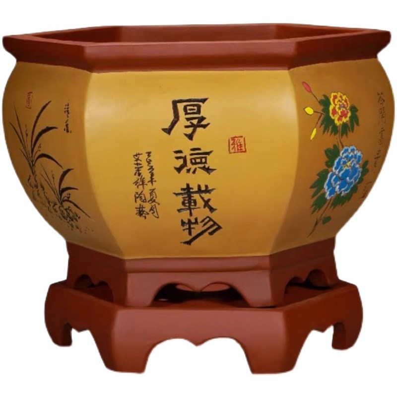 宜兴紫砂盆精品高端花盆六方大口径盆景盆陶瓷手工高档盆栽盆带托