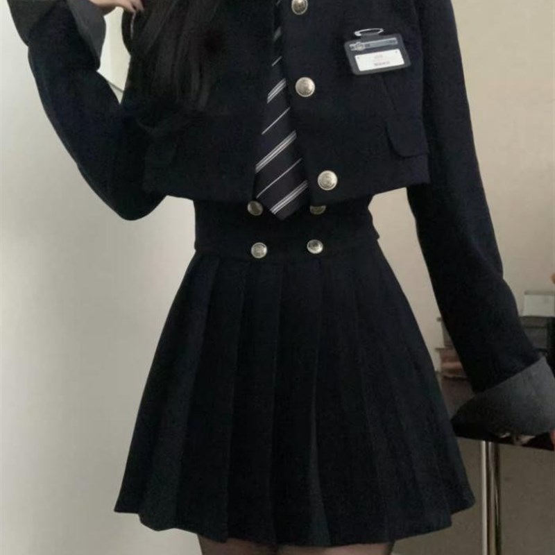 短款西装外套jk制服美式学院风套装女秋季款高腰显瘦百褶裙两件套