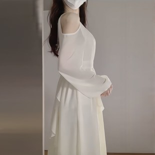 法式 超仙气荷叶边雪纺连衣裙女春夏2024新款 露肩海边度假仙女长裙