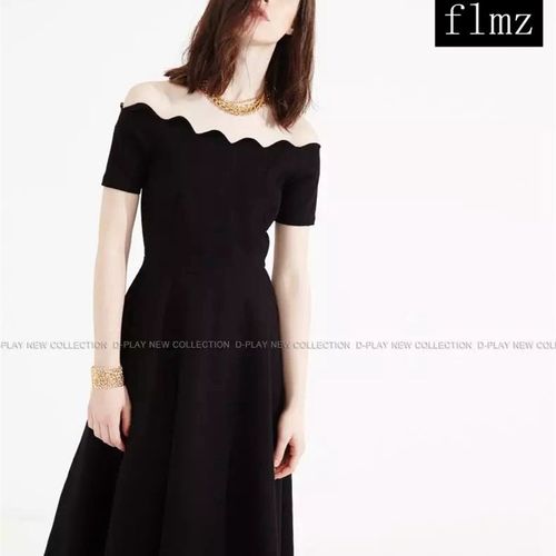 新款秋礼服裙一字领露肩连衣裙小黑裙黑色波浪领A字裙