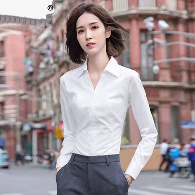 V领黑色衬衫女长袖职业装2024春季新款气质显瘦工装白衬衣工作服