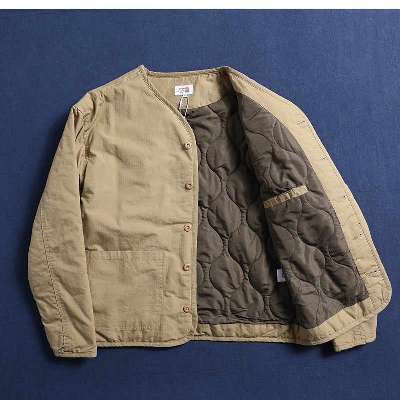 日单机能防撕裂 咔叽轻工装夹棉厚实棉衣叠穿夹克复古V领男女外套