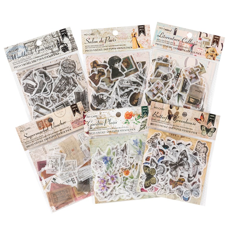 复古杂货铺系列和纸贴纸包黑白物件蝴蝶花卉怀旧票据手帐素材贴画