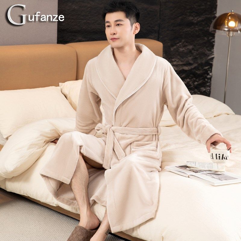 睡衣男士睡袍长款秋冬季珊瑚绒加厚加绒法兰绒浴袍男款加大码浴衣