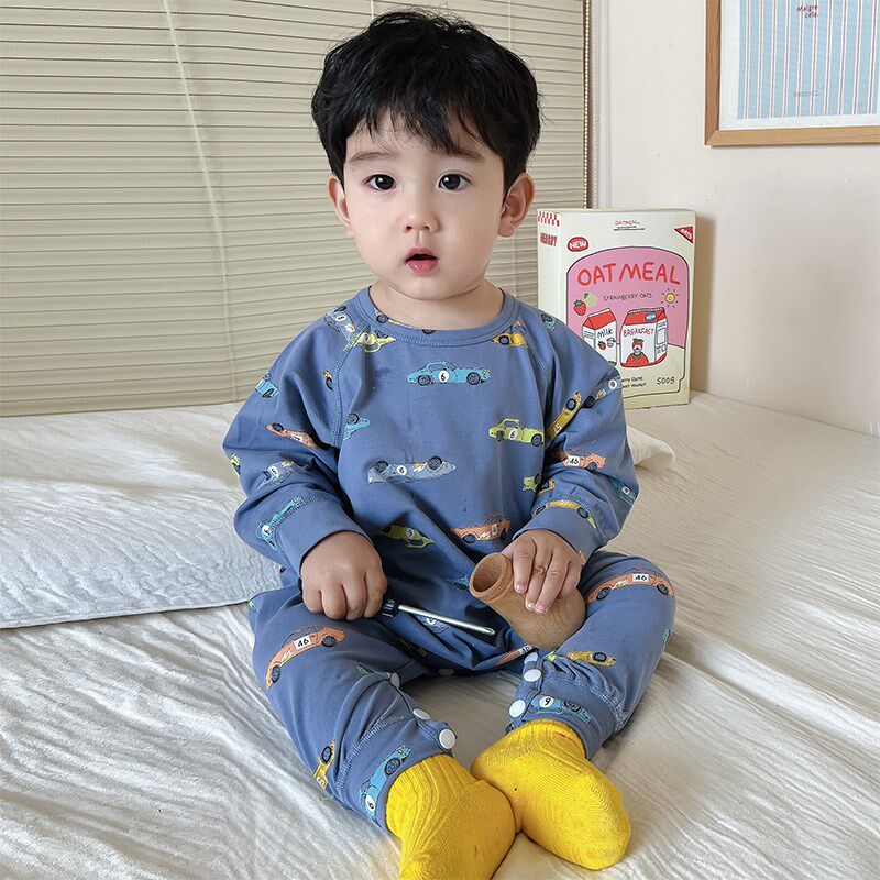 宝宝连体睡衣春秋季儿童防踢护肚家居服纯棉薄款长袖男童套头睡袋