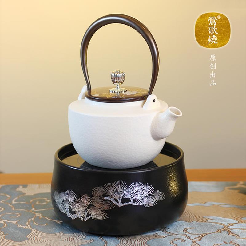 莺歌烧电陶炉茶炉黑底银松电茶炉家用静音煮茶器银壶铁壶烧水茶炉