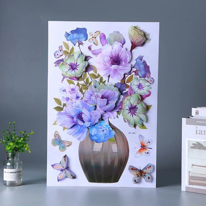玻璃上的贴纸3d立体花瓶贴画卫生间透光不透明门后装饰贴花衣柜贴