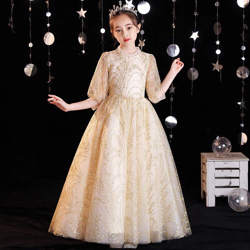 女大童大码高端礼服香槟色生日宴会花童婚纱钢琴比赛主持人演出服