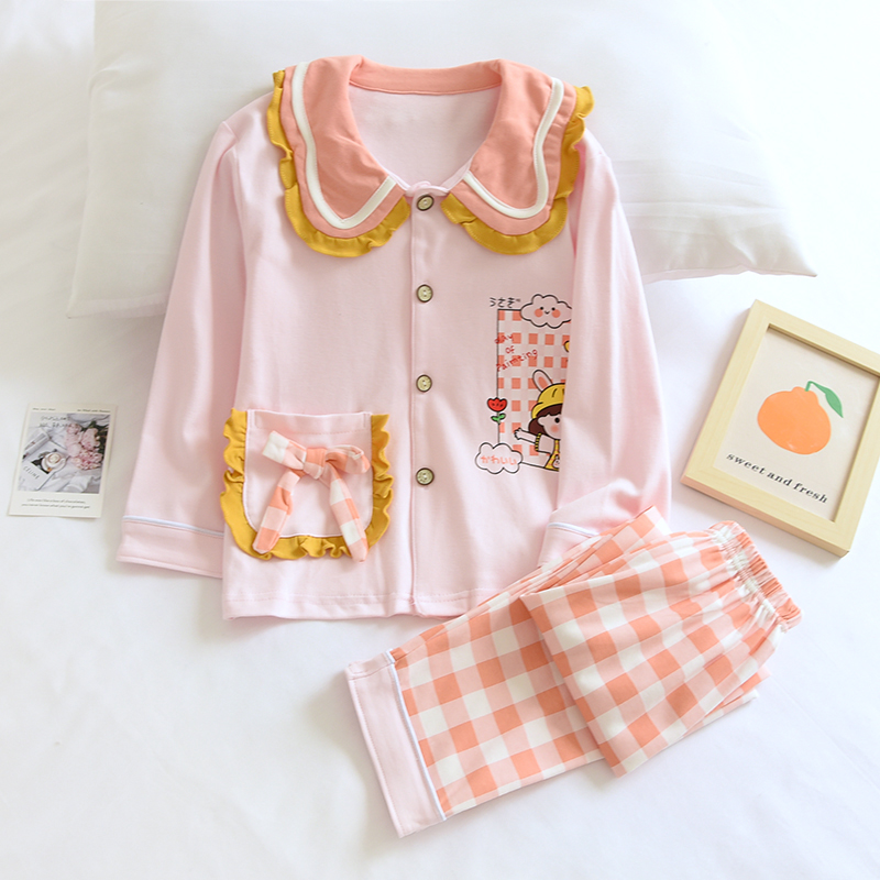 2023春秋设计师新款儿童纯棉卡通长袖睡衣套装女童宝宝棉毛家居服