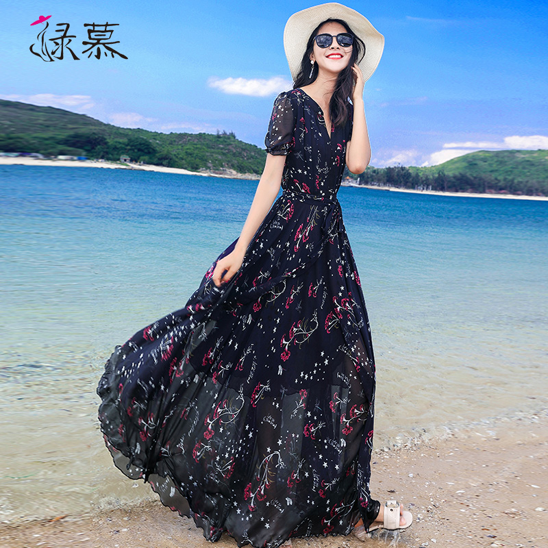绿慕2022流行夏装大摆超长款显瘦碎花连衣裙波西米亚气质沙滩裙子