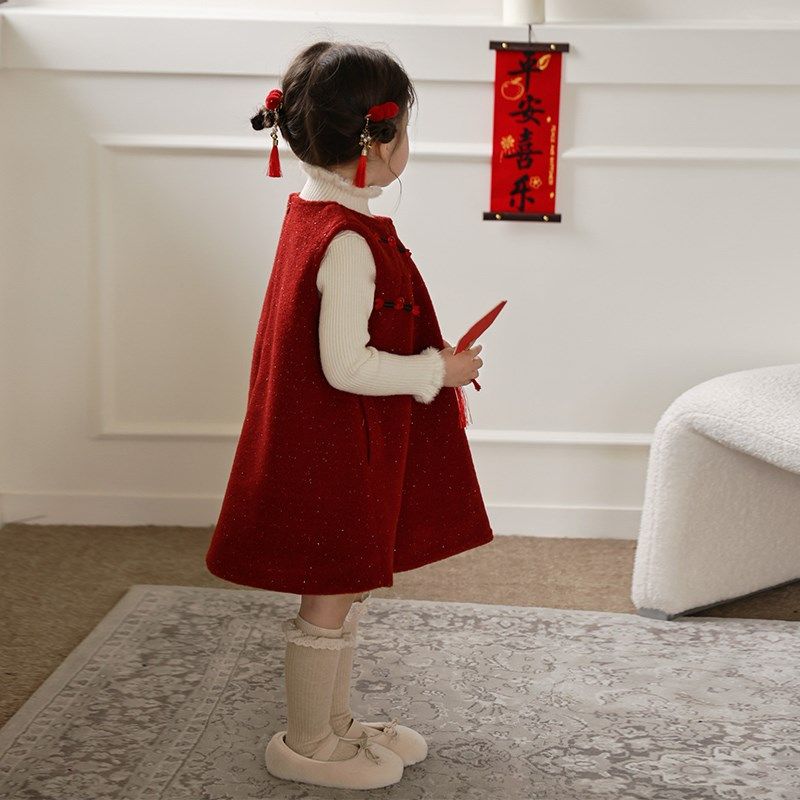 柒号童仓女童新中式圆领背心裙套装冬装新款儿童中国风针织毛衣潮