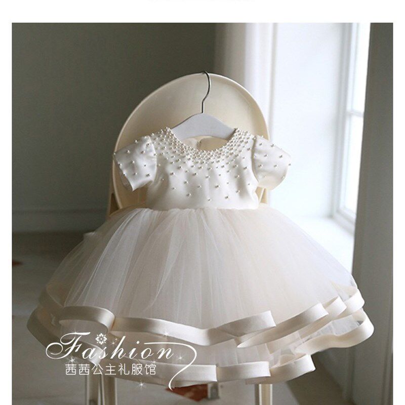 儿童礼服公主裙花童婚纱冬款纱裙钢琴演出服小主持人晚礼服白色