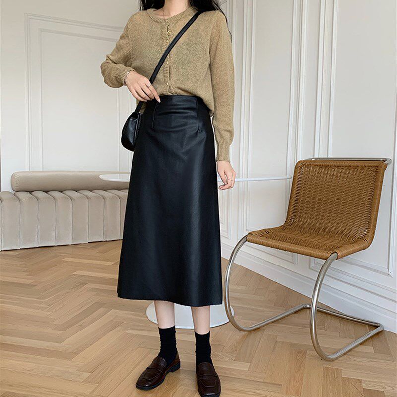 大码皮裙半身裙女秋冬长裙胖mm高腰显瘦a字裙中长款开叉一步裙子