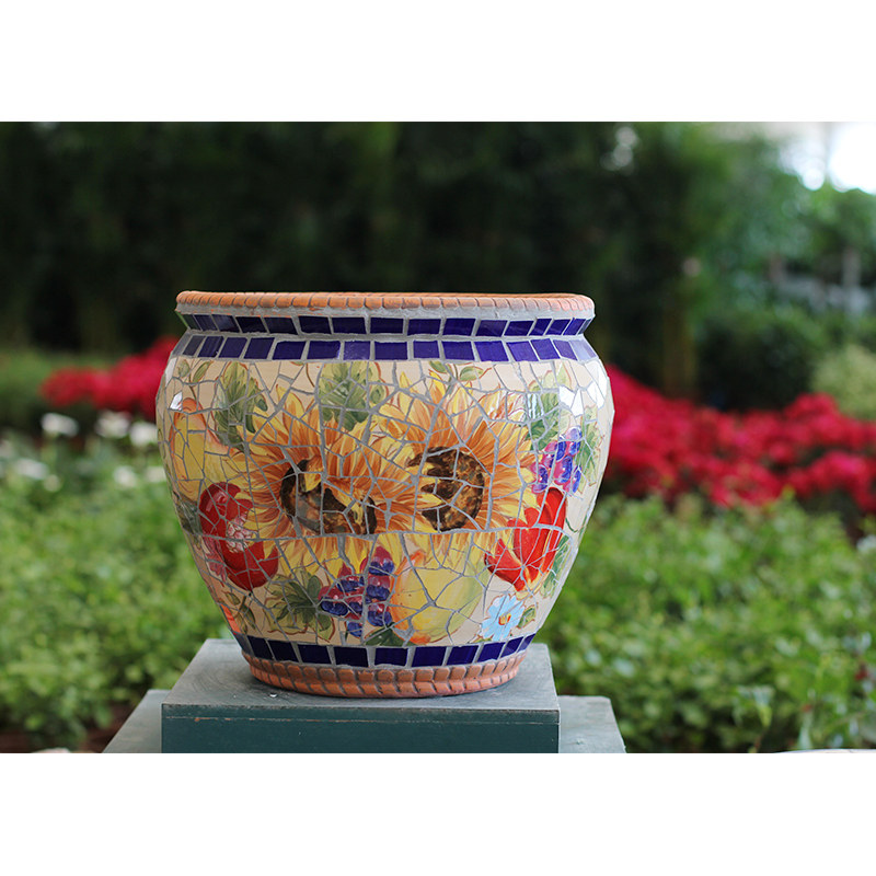 特色彩绘陶瓷马赛克绿植鲜花工艺花盆花器 欧式美式田园风格