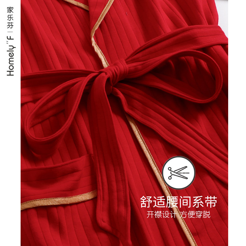 情侣睡衣女春秋季纯棉性感睡袍新娘晨袍浴袍男大红色新婚结婚套装