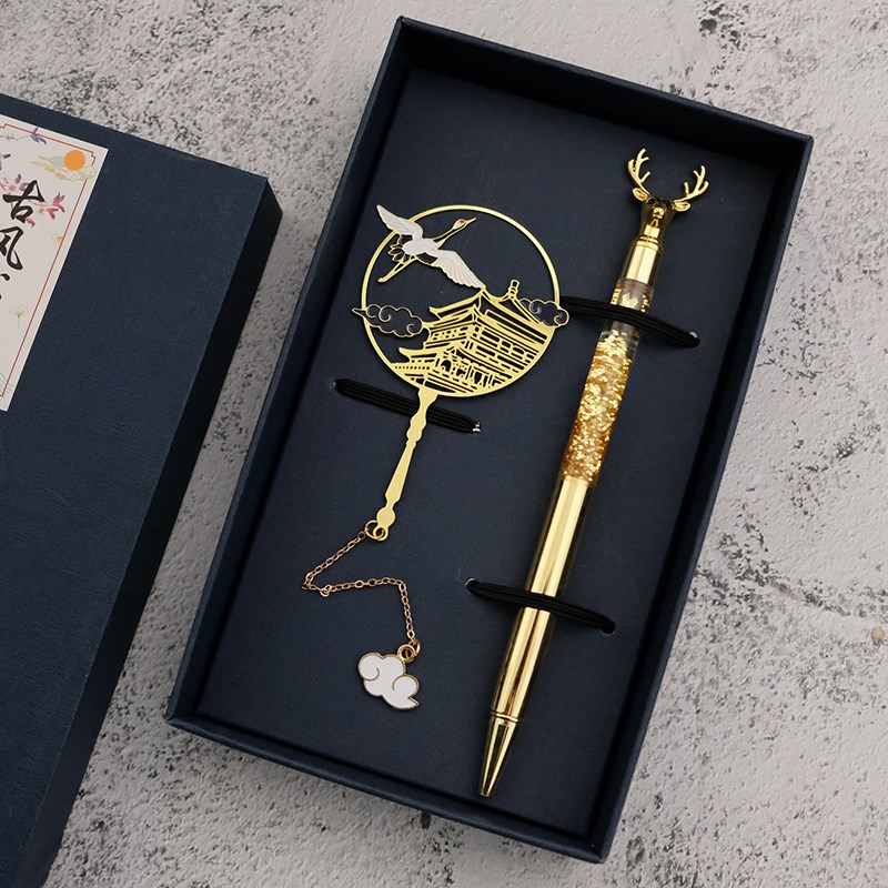 琵琶凤凰金属书签圆珠笔套装古风镂空文艺礼品中国风扇形新年礼物