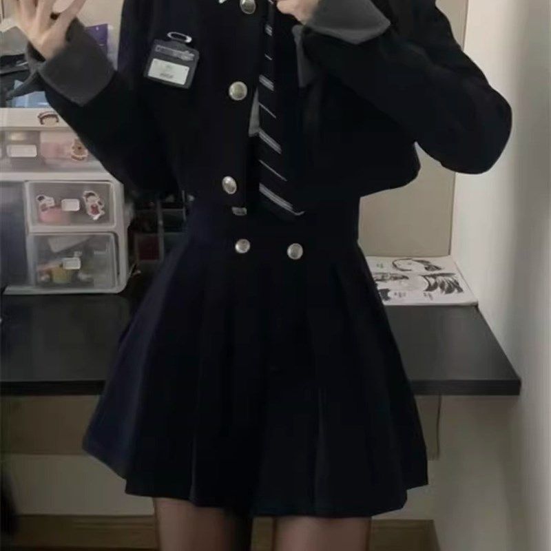 学院风jk制服套装春秋款小个子高级短款西装外套百褶裙名媛两件套