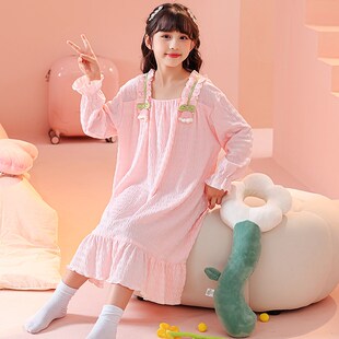 儿童睡裙女童春秋季云朵棉长袖女孩初中生公主风甜美连衣裙家居服