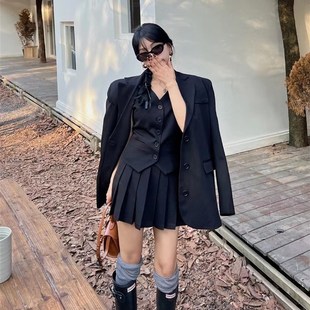 高级感冷淡系休闲西装外套A字套装裙子 小个子学院风马甲百褶裙