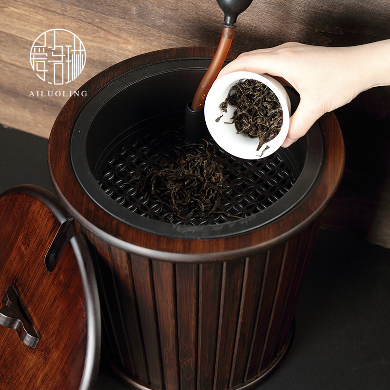 爱洛琳 功夫茶具重竹茶渣桶茶盘排水桶 家用竹制复古茶水桶垃圾桶