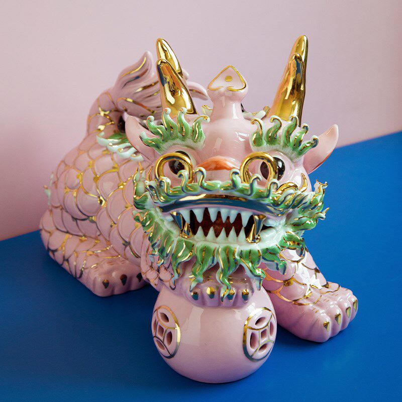 新中式中古粉色麒麟陶瓷龙创意摆件乔迁礼物家居美学玄关招财镇宅