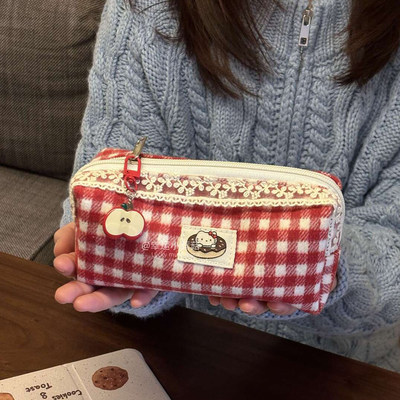 红格子蕾丝笔袋可爱高颜值复古大容量文具盒初高中生文具收纳包袋