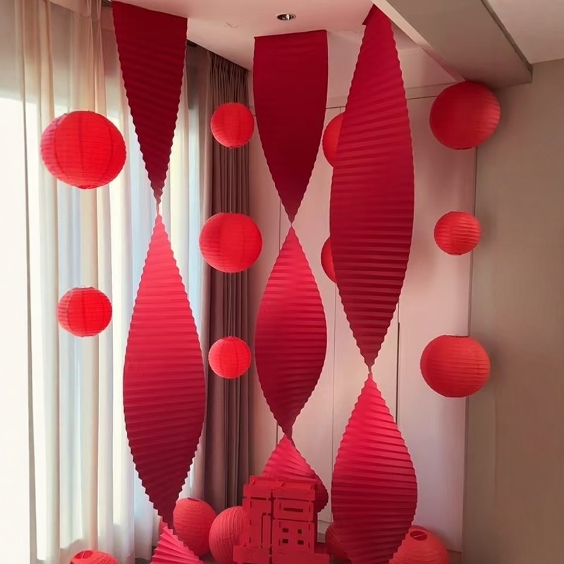 红色瓦楞纸条开业大吉蜂窝球红灯笼装饰结婚婚房喜庆长条折纸挂饰