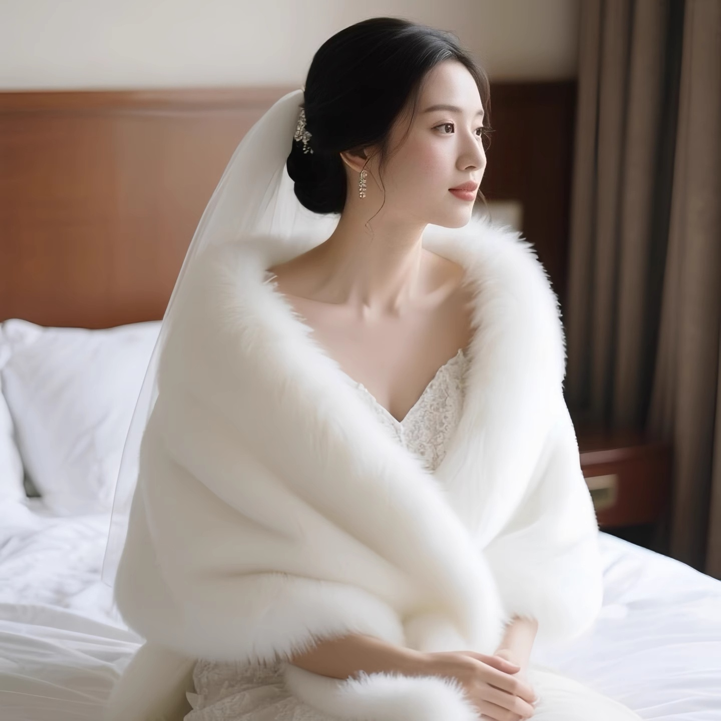 披肩婚礼新娘冬季婚纱外搭白色毛毛加厚保暖披肩配礼服贵气感外套