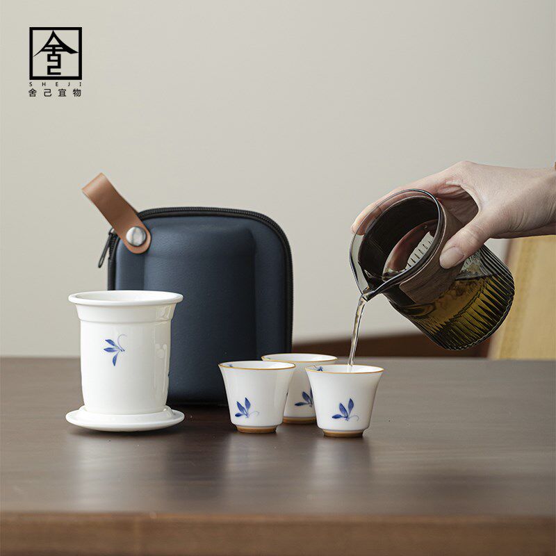 旅行茶具快客杯户外喝茶陶瓷杯一壶三杯玻璃杯便携式功夫茶具套装