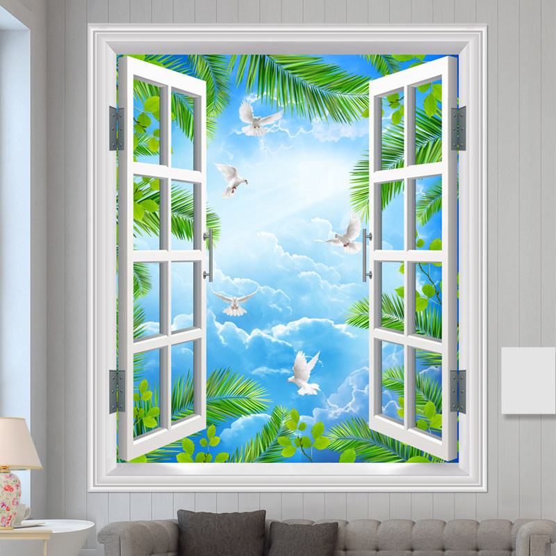 自粘贴纸客厅装饰画风景画3d立体墙贴海景天空假窗户玻璃墙纸画