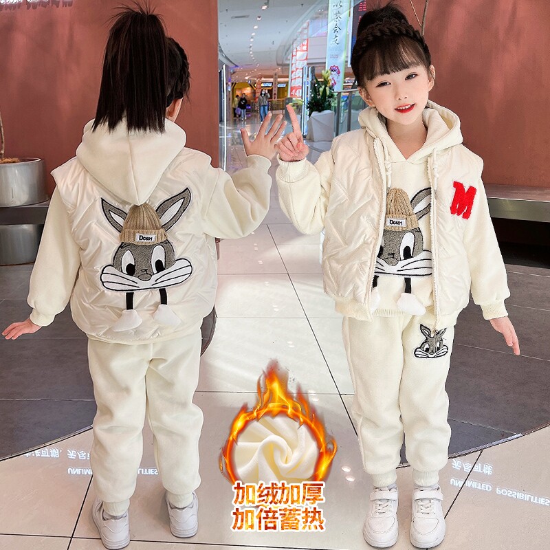 女童秋冬网红三件套新款儿童洋气3女孩5加绒加厚8马甲卫衣9岁套装